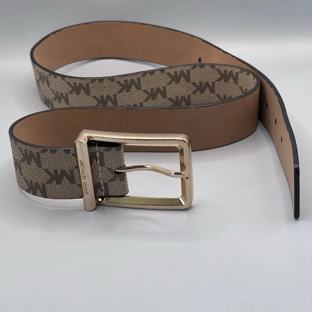 Michael Kors MK Signature Logo Belt Brown Vanilla Gold Buckle Women's Small